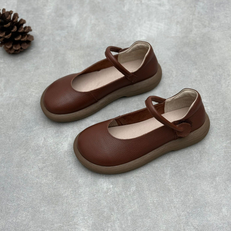 Women's Leather Handmade Soft Sole Round Toe Mary Jane Flat Shoes