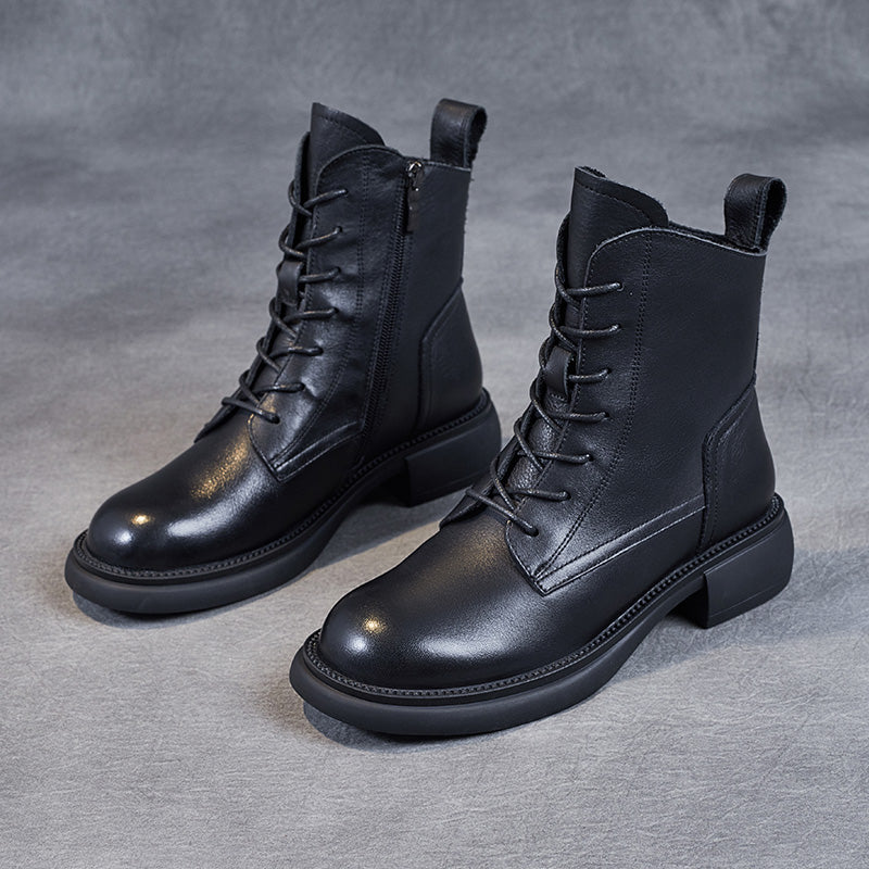 Women's Leather Vintage Zipper Lace Up Block Heel Ankle Boots