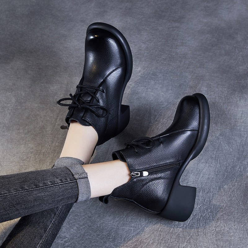 Women's Casual Lace-Up Ankle Boots – Round Toe Block Heel with Side Zipper
