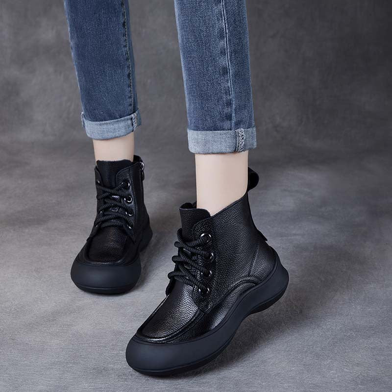 Women's Leather Platform Boots – Comfortable Casual Lace-Up Ankle Shoes