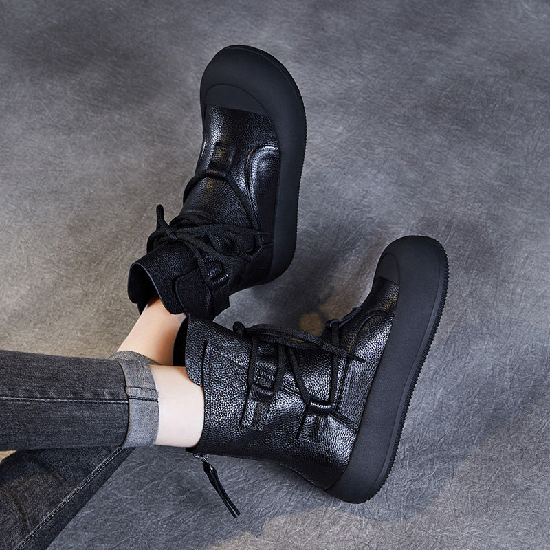 Women's Lace-Up Platform Boots – Genuine Leather Casual Back Zipper Boots