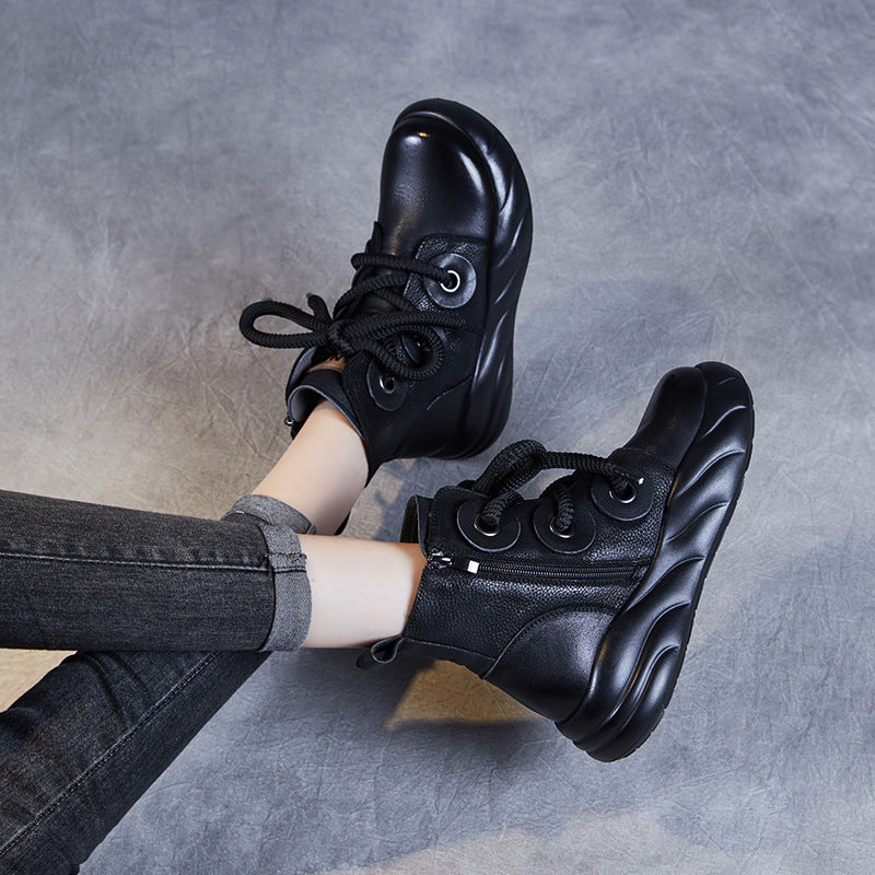 Women's Genuine Leather Lace-Up Ankle Boots – Casual Platform Chunky Sole