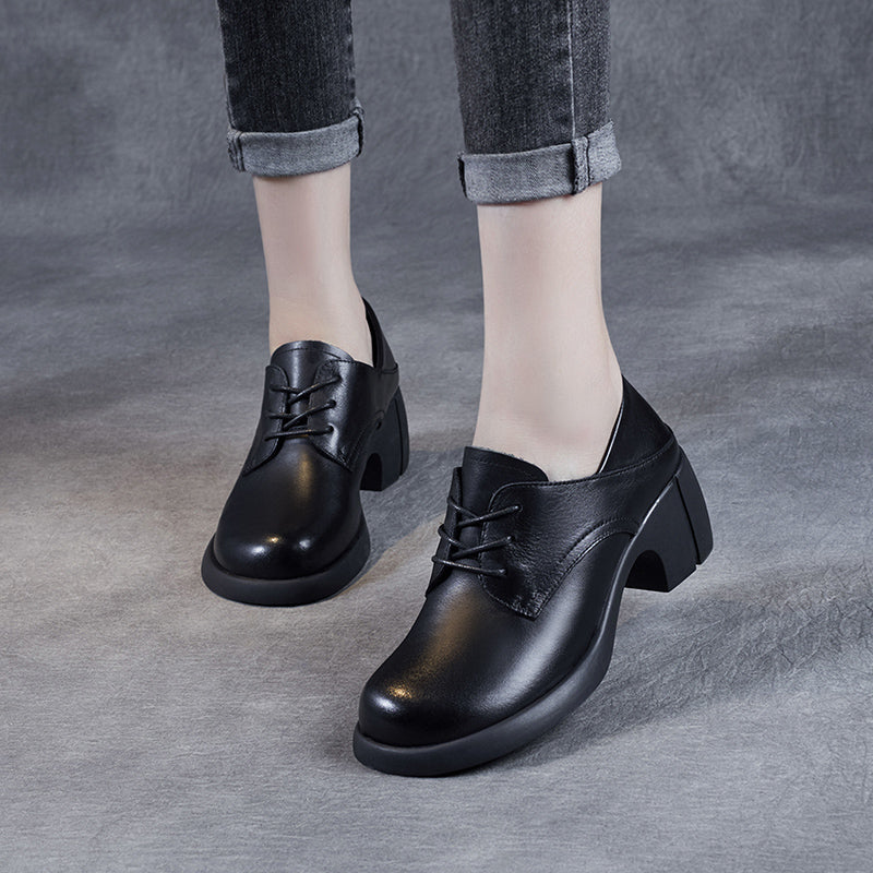 Women's Leather Retro Lace-up Block Heel Oxford Shoes
