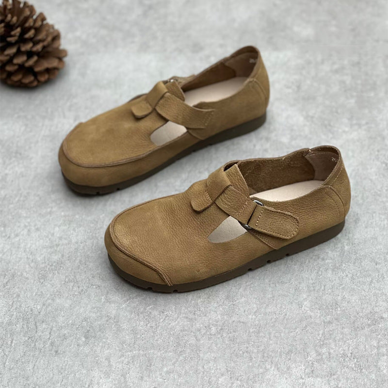 Comfortable Vintage Leather Velcro Mary Jane Flats Womens Shoes