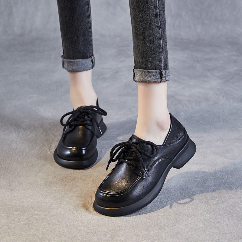 Women's Leather Comfortable Casual Chunky Heel Lace-Up Shoes