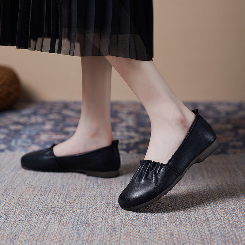 Women's Soft Leather Pleated Daily Slip-On Walking Flats