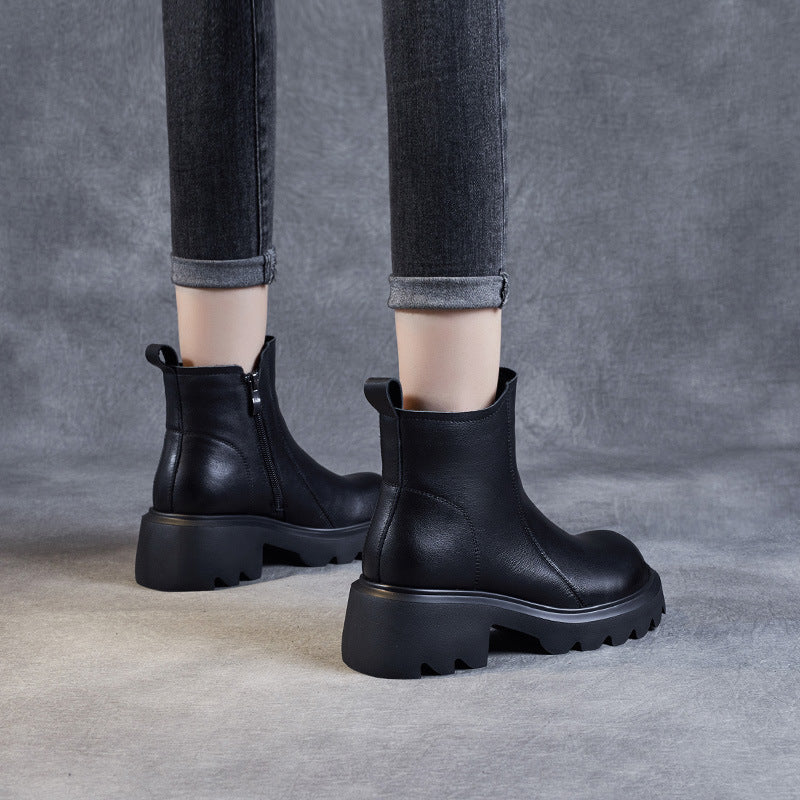 Women's Leather Ankle Boots – Platform Chunky Mid Heel with Side Zipper