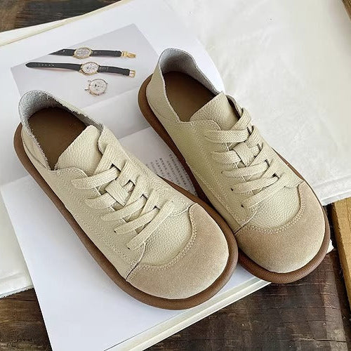 Women's Wide Round-Toe Genuine Leather Patchwork Casual Tennis Shoes