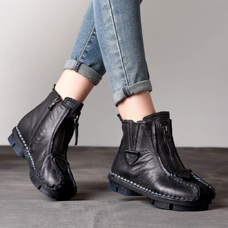Women's Retro Leather Short Boots – Handmade Stitch Detail & Side Zipper