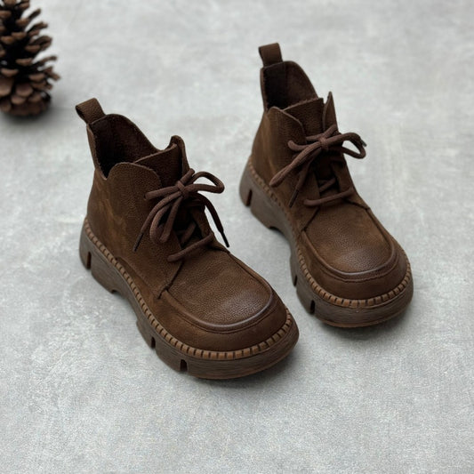 Women's Vintage Leather Lace-Up Boots – Soft Platform Short Ankle Shoes
