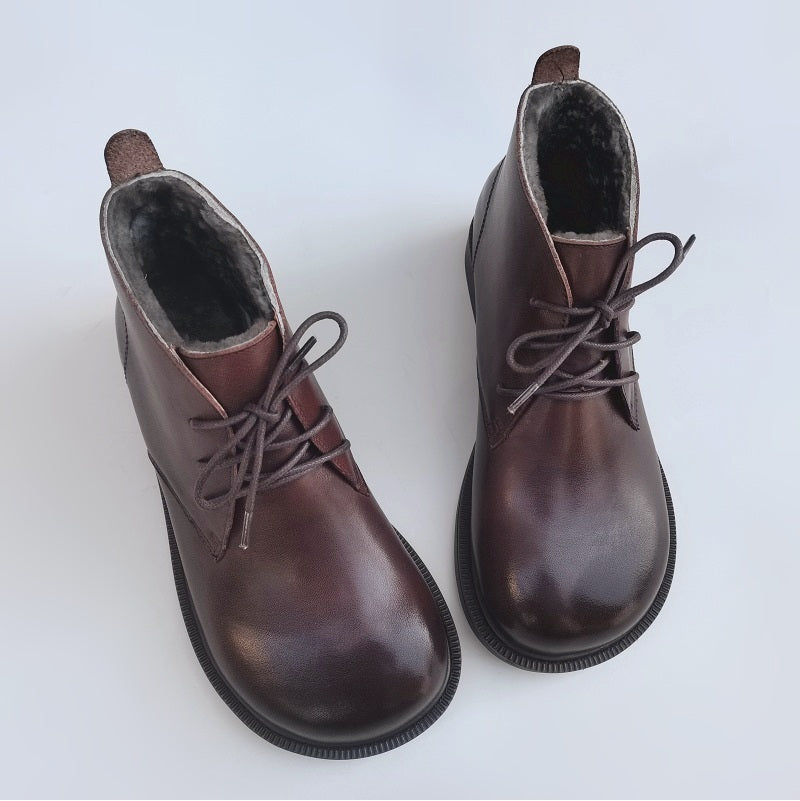 Women's Vintage Wide Toe Leather Boots – Handmade Wool Lined Short Boots