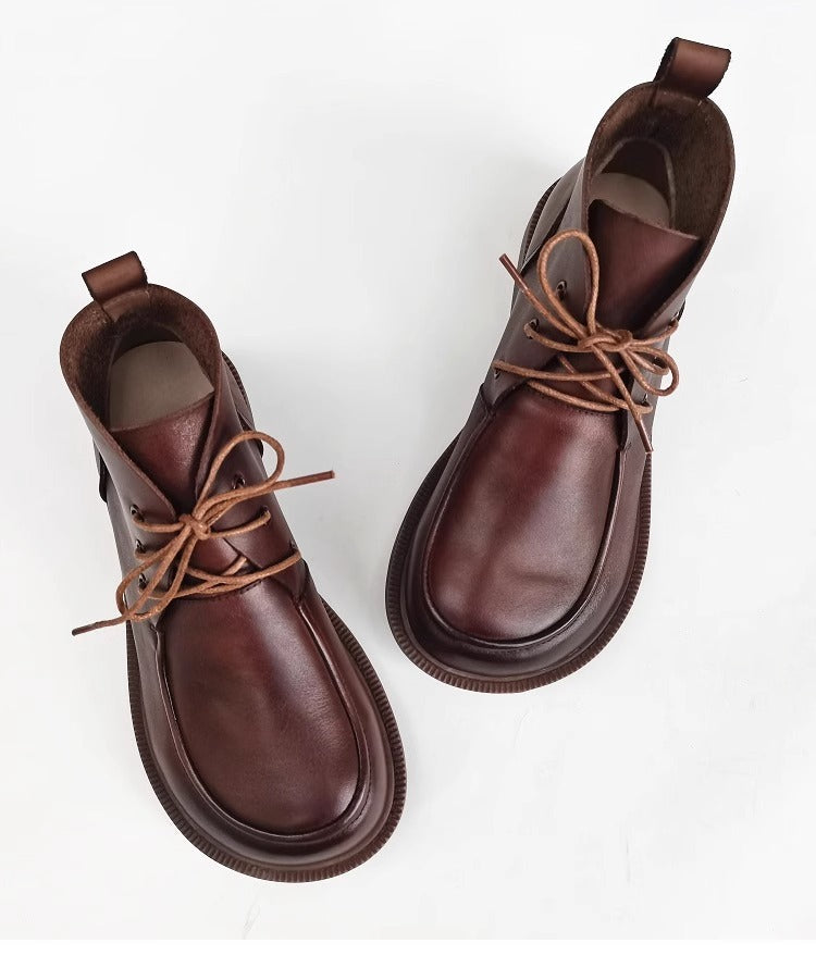 Womens Genuine Leather Wide Toe Lace-up Ankle Boots