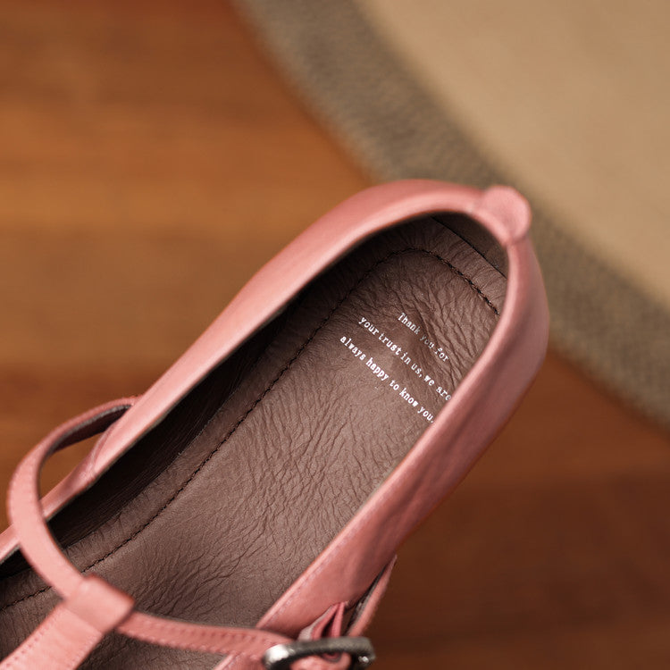 Women's Handmade Vintage Cowhide T-Strap Mary Jane Low Heel Buckle Shoes