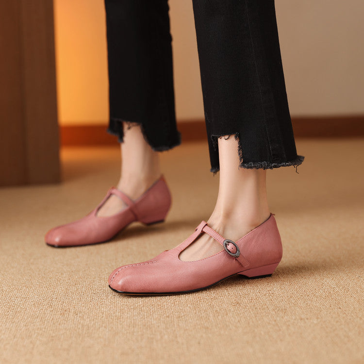 Women's Handmade Vintage Cowhide T-Strap Mary Jane Low Heel Buckle Shoes