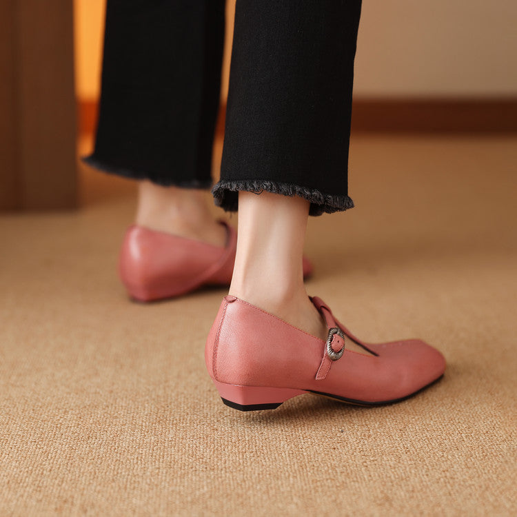 Women's Handmade Vintage Cowhide T-Strap Mary Jane Low Heel Buckle Shoes