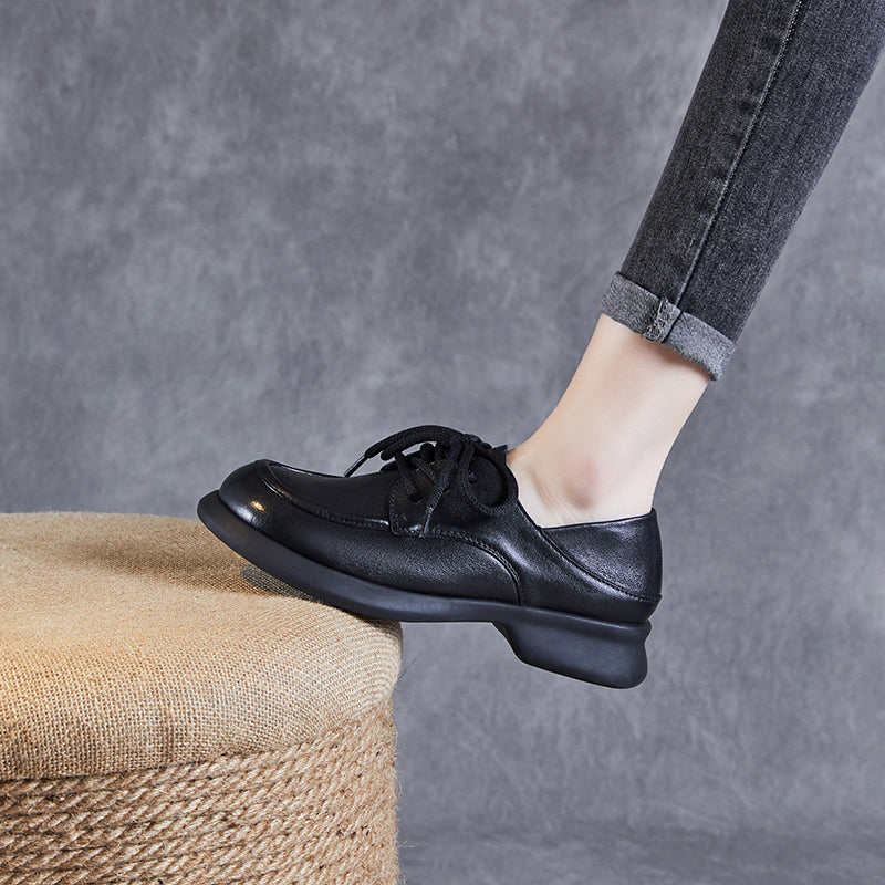 Women's Leather Comfortable Casual Chunky Heel Lace-Up Shoes