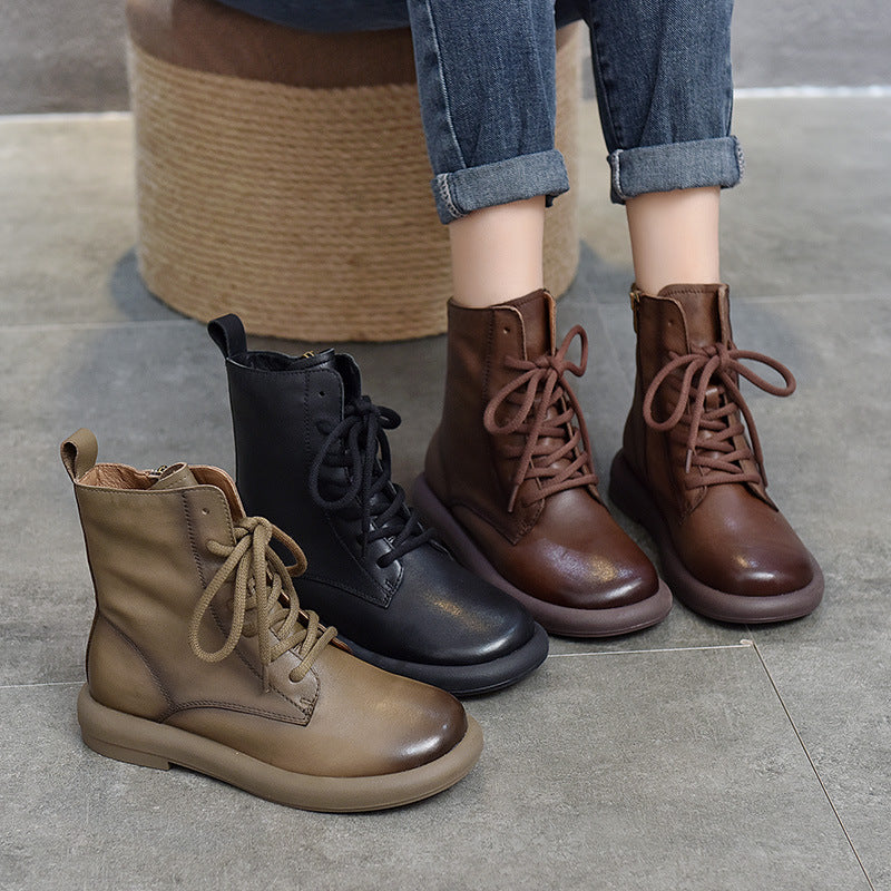Women's Genuine Leather Casual Boots – Lace-Up & Zipper Design