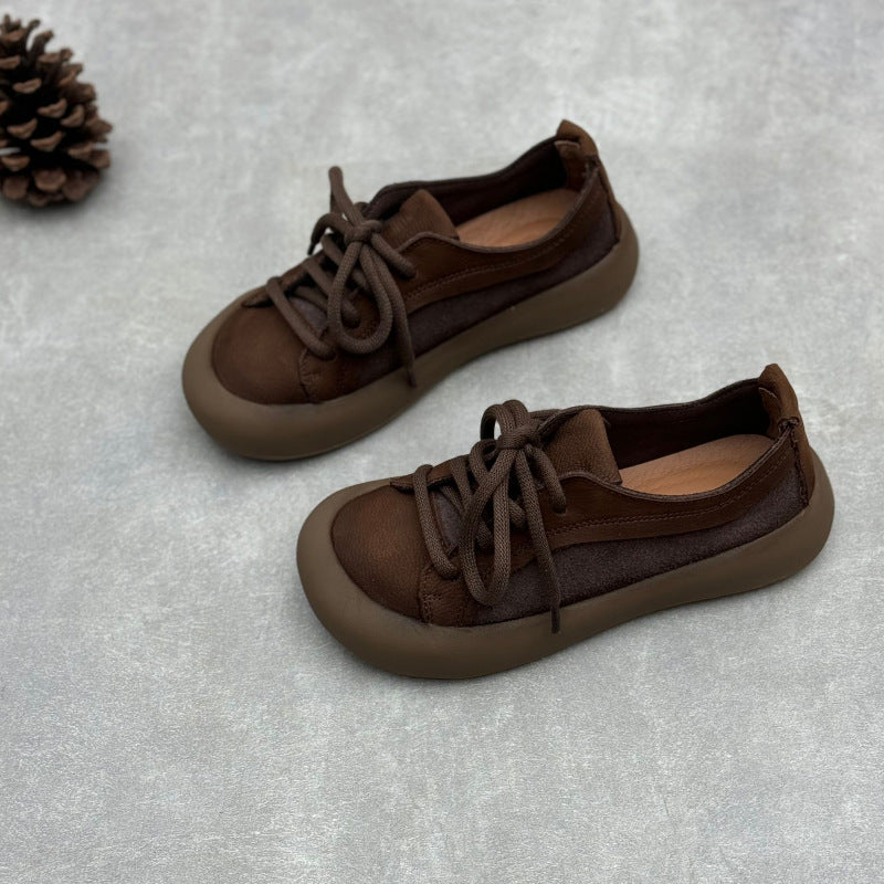 Women's Soft Leather Lace-Up Flats – Round Toe Comfort Shoes