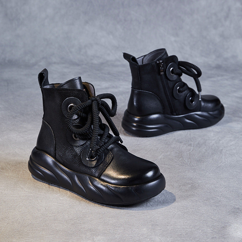 Women's Genuine Leather Lace-Up Ankle Boots – Casual Platform Chunky Sole