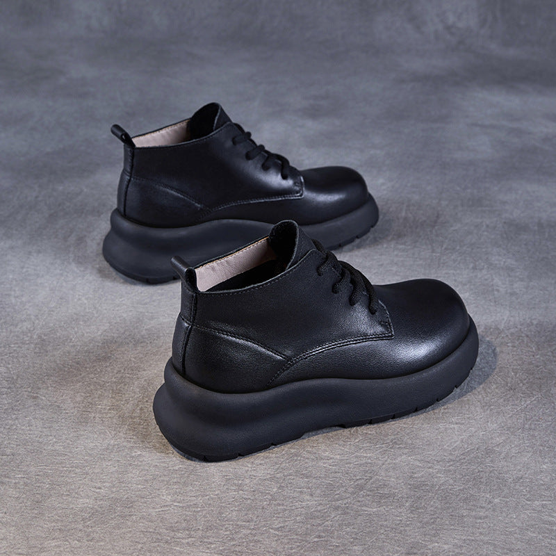 Women's Leather Lace-Up Platform High-Top Shoes – Casual & Comfortable