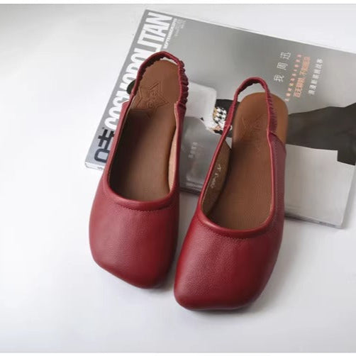 Women's Closed Toe Slip On Leather Heel Hollow Out Flat Sandals
