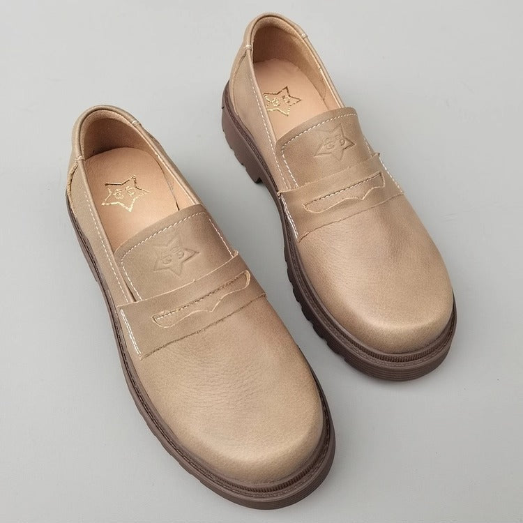 Women's Leather Mid Heel Chunky Loafers – Japanese Style & Non-Slip Sole