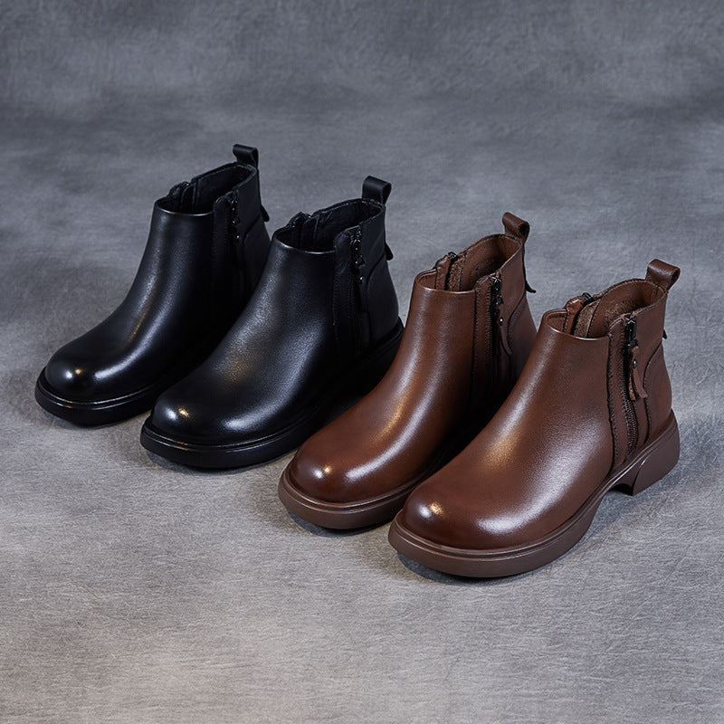 Women's Genuine Leather Casual Ankle Boots – Comfortable Double Zipper Design