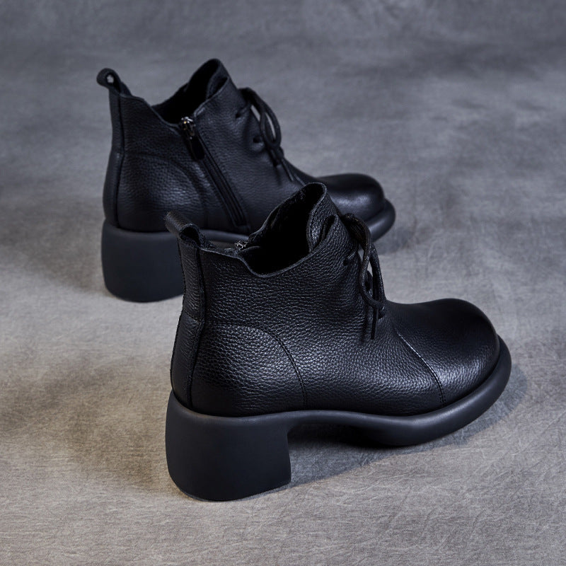 Women's Casual Lace-Up Ankle Boots – Round Toe Block Heel with Side Zipper