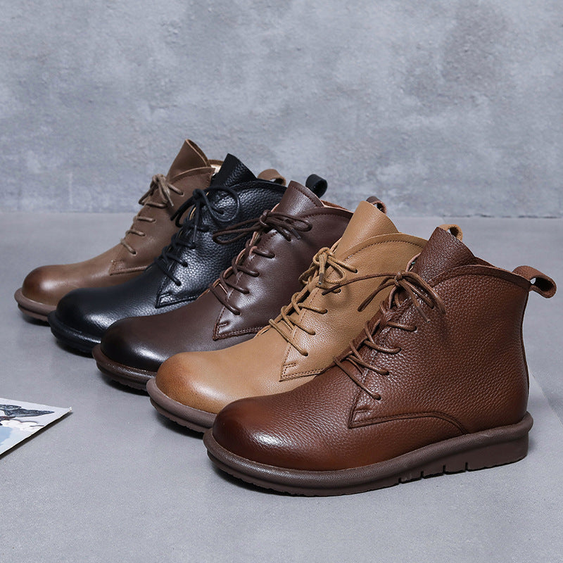 Women's Retro Leather Ankle Boots – Flat Sole, Lace-Up & Zipper