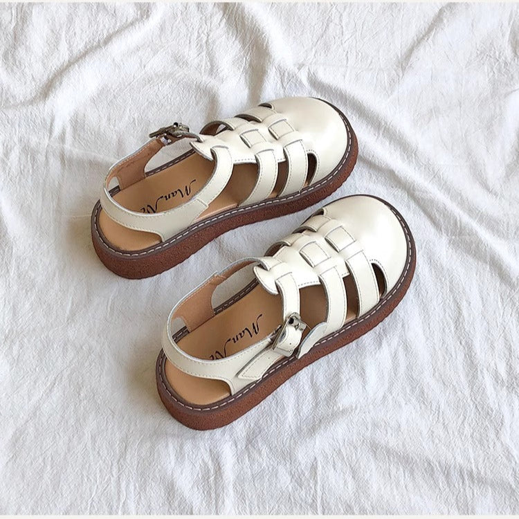 Women's Leather Closed Toe Round Sandals – Casual Summer Comfort Shoes