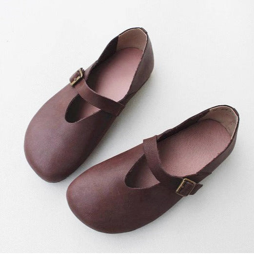 Women's Handmade Breathable Leather Flats – V-cut Mary Jane Shoes