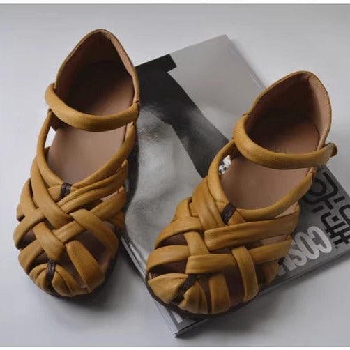 Women's Leather Hand-Woven Velcro Flat Sandals
