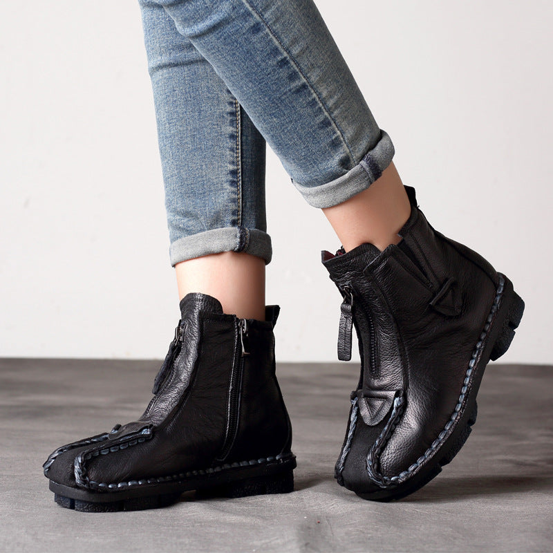 Women's Retro Leather Short Boots – Handmade Stitch Detail & Side Zipper