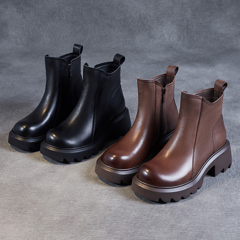 Women's Leather Ankle Boots – Platform Chunky Mid Heel with Side Zipper
