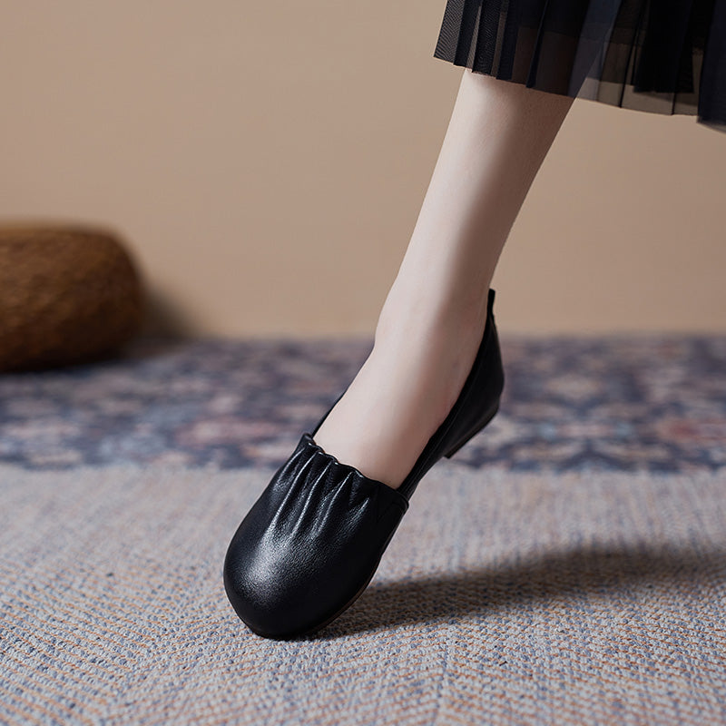 Women's Soft Leather Pleated Daily Slip-On Walking Flats