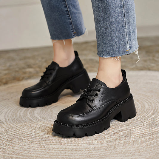 Women's Leather Platform Casual Lace-Up Oxfords