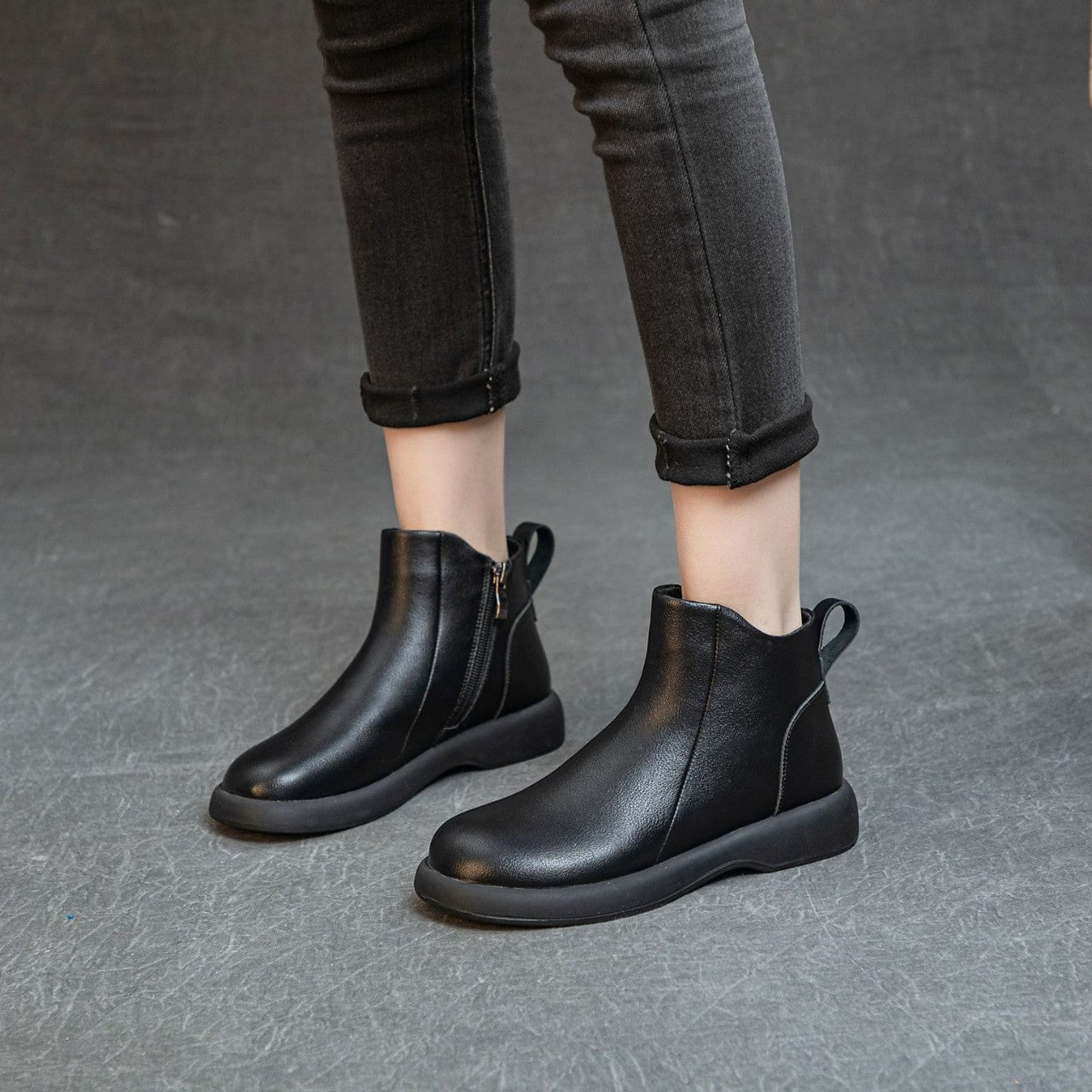 Women's Comfortable Leather Ankle Boots – Low Heel with Side Zipper