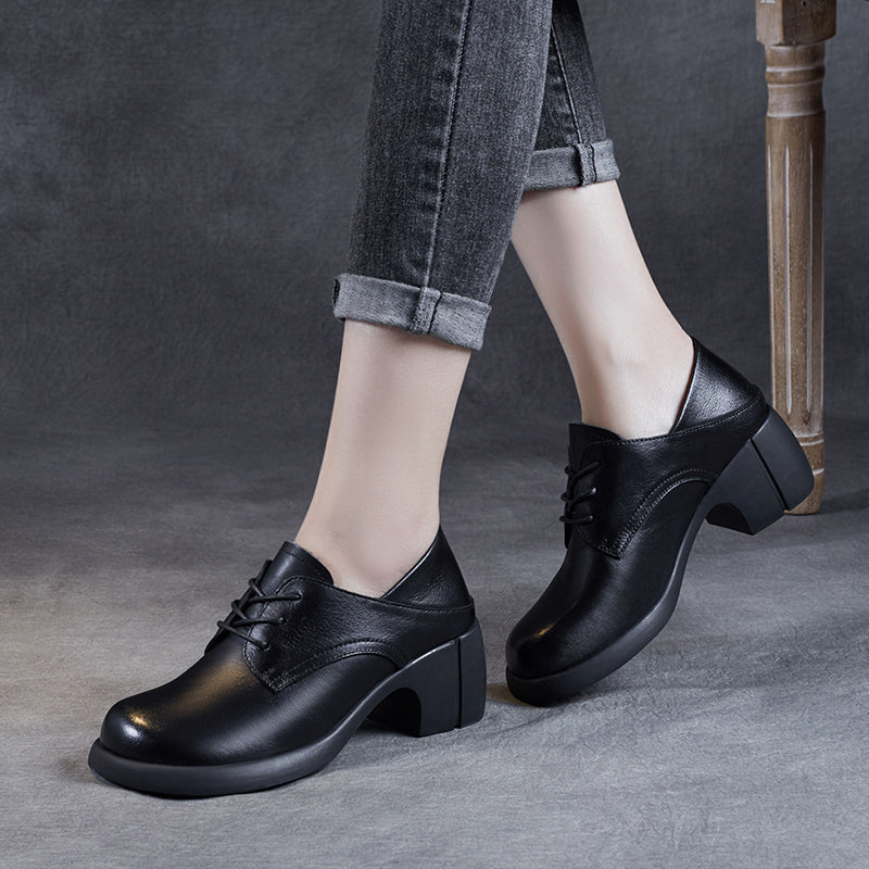 Women's Leather Retro Lace-up Block Heel Oxford Shoes