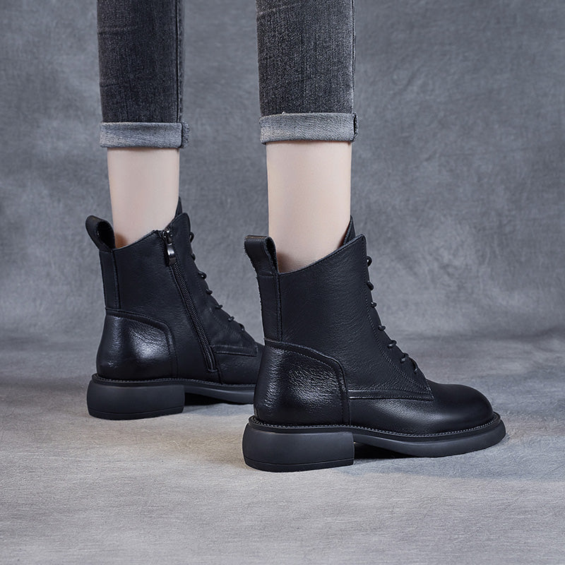 Women's Leather Vintage Zipper Lace Up Block Heel Ankle Boots