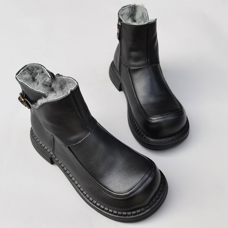 Women's Vintage Wide Toe Leather Derby Boots – Shearling Lined Winter Ankle Boots