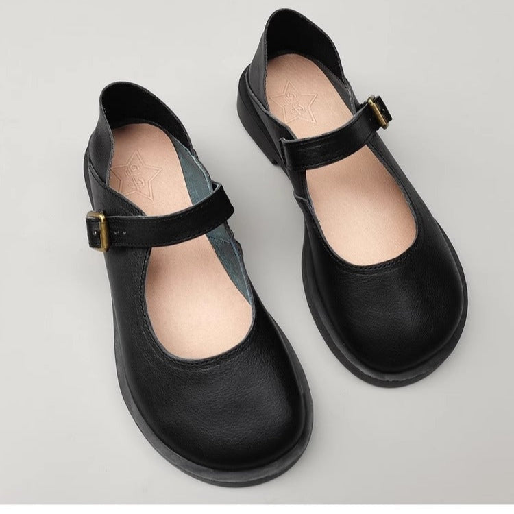 Women's Wide Toe Box Genuine Leather Mary Jane Flats – Buckle, Round Toe Shoes