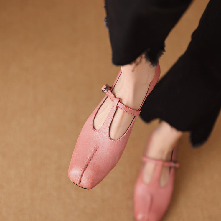 Women's Handmade Vintage Cowhide T-Strap Mary Jane Low Heel Buckle Shoes