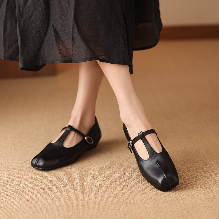 Women's Handmade Vintage Cowhide T-Strap Mary Jane Low Heel Buckle Shoes