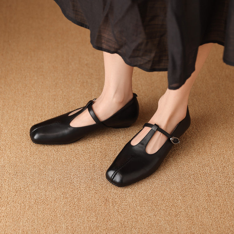 Women's Handmade Vintage Cowhide T-Strap Mary Jane Low Heel Buckle Shoes
