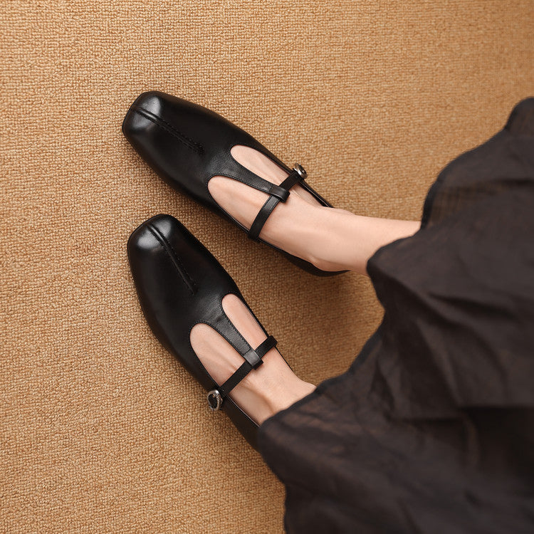 Women's Handmade Vintage Cowhide T-Strap Mary Jane Low Heel Buckle Shoes
