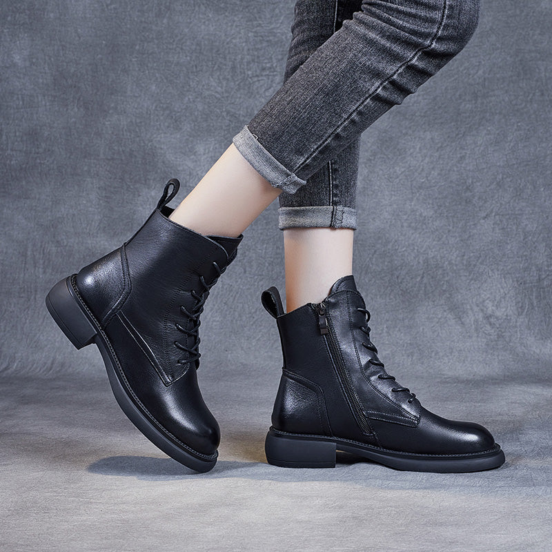Women's Leather Vintage Zipper Lace Up Block Heel Ankle Boots
