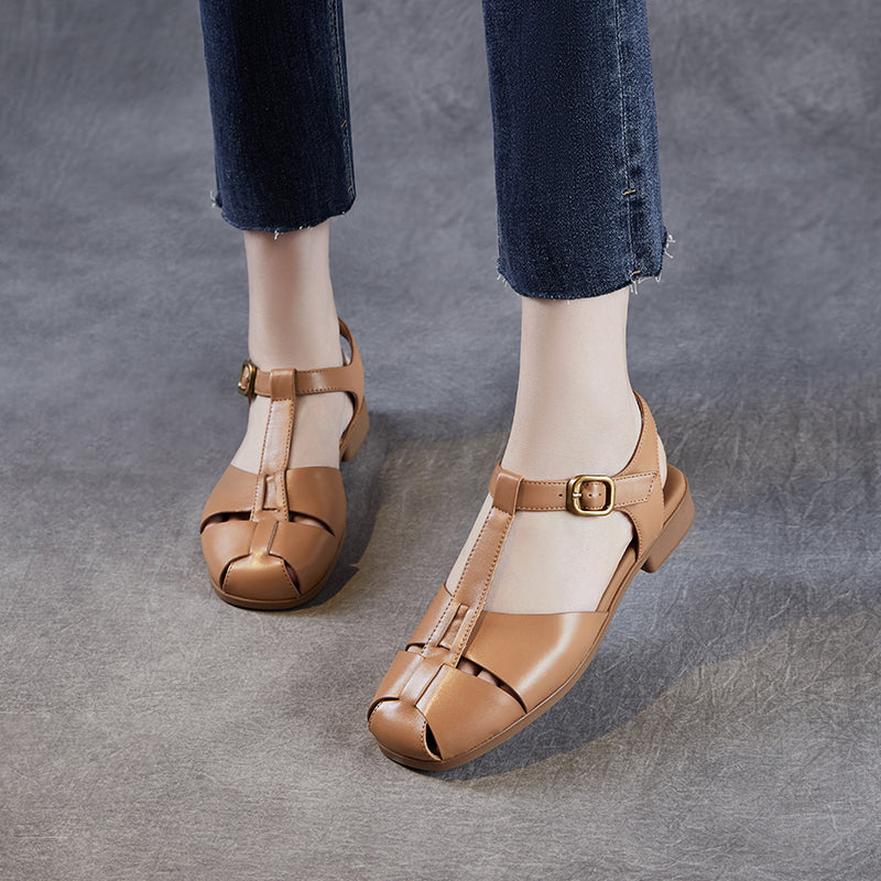 Women's Leather Summer Closed Toe T-Strap Comfort Sandals