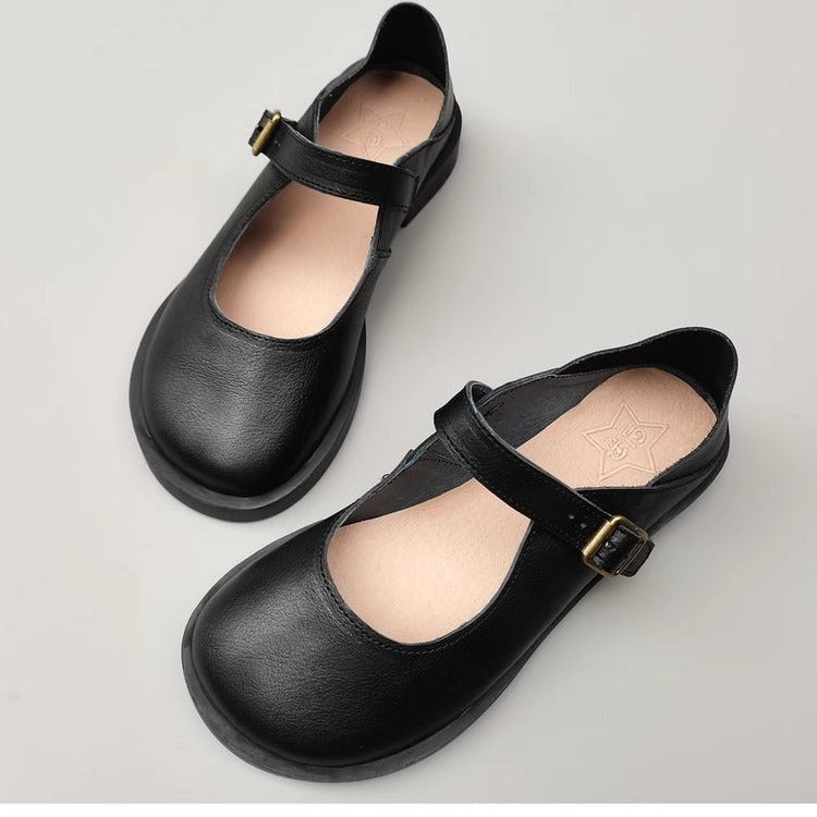 Women's Wide Toe Box Genuine Leather Mary Jane Flats – Buckle, Round Toe Shoes