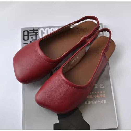 Women's Closed Toe Slip On Leather Heel Hollow Out Flat Sandals