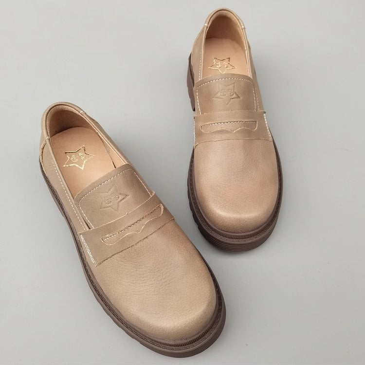 Women's Leather Mid Heel Chunky Loafers – Japanese Style & Non-Slip Sole